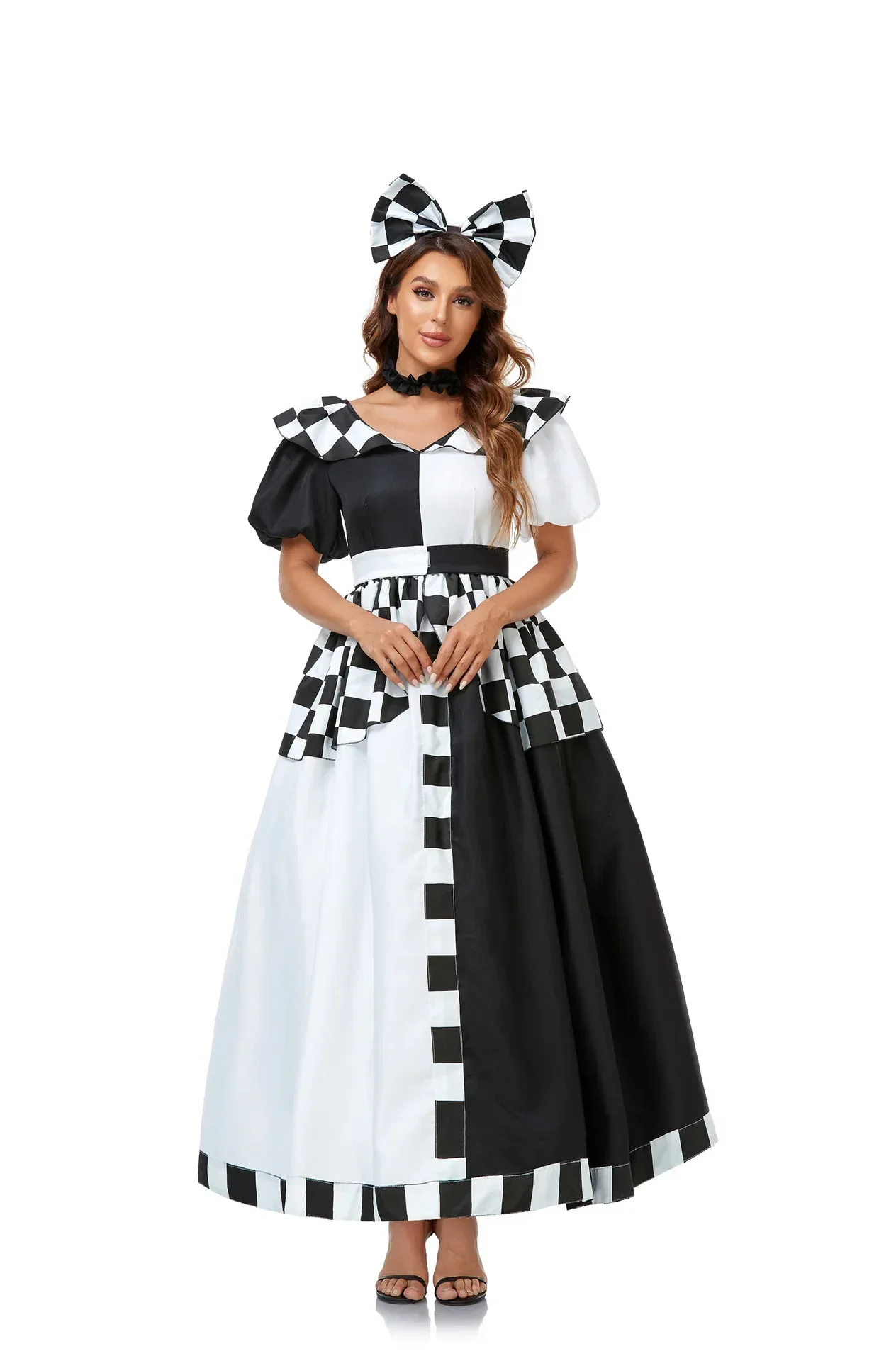 Fantasia de cosplay de princesa de pôquer xadrez preto e branco para Halloween