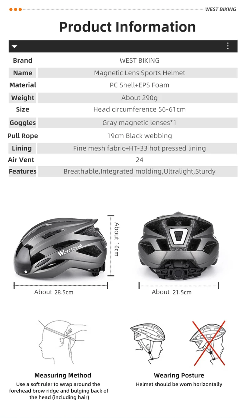 WEST BIKING CE-zertifizierter Fahrradhelm, magnetische Schutzbrille, USB-Rücklicht, verstellbar, 56–65 cm, M-XL, XXL, für Herren, für Straßen- und Mountainbiking – Detail 2