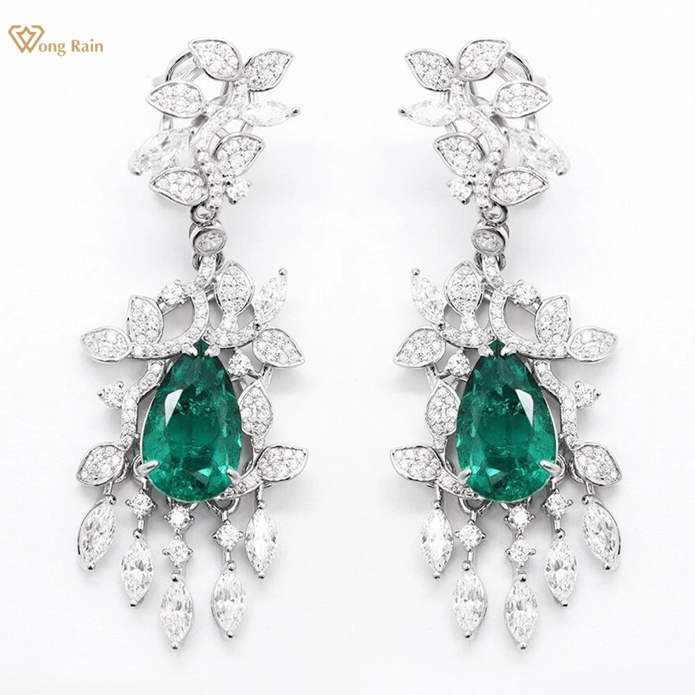 

Wong Rain Vintage 100% 925 Sterling Silver Pear Cut Emerald High Carbon Diamond Gemstone Drop Dangle Earrings for Women Jewelry