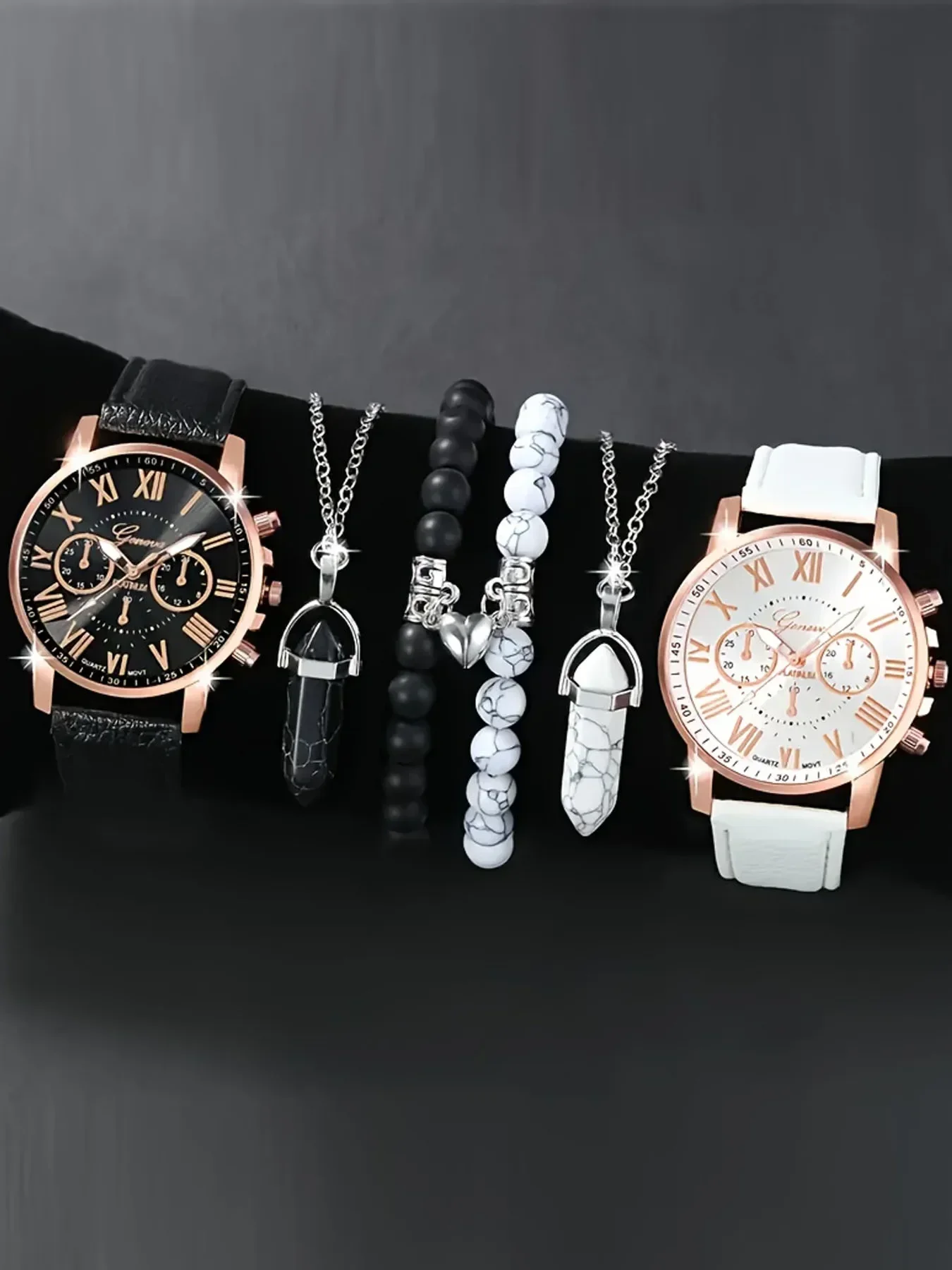 Fashion Lovers Wristwatch Set Rose Gold Case Leather Strap Watch With Bracelet Necklace Jewelry Kit For Couple Gift