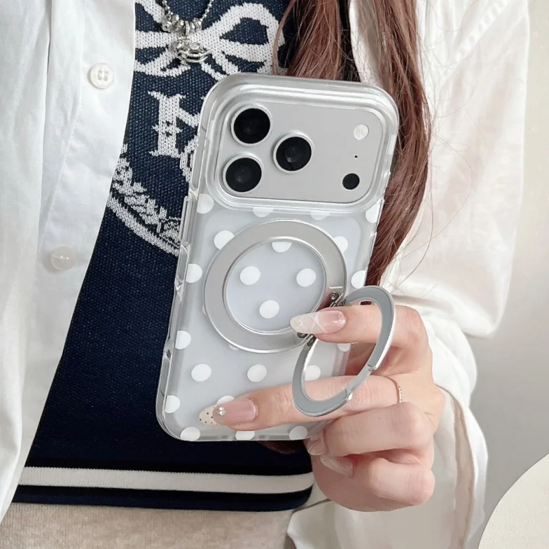 

Korean Clear Cute Polka Dot Phone Case For iPhone 17 Pro 14 15 16 Pro Max Cover with Rotation Holder Shockproof Protective Cases