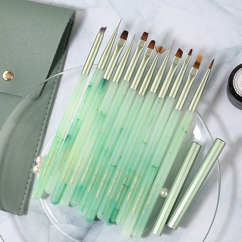 12Pcs Chinese Style Green Handle Nail Art Brush Set Soft Bristle With Caps UV Gel Liner Gradient Flower DIY Manicure Salon Tools