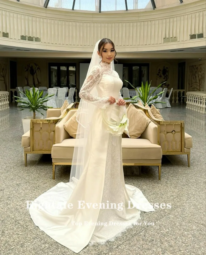 فستان زفاف عربي Eightale برقبة عالية دانتيل مخصص من الساتان بأكمام طويلة فستان زفاف إسلامي حورية البحر فستان حفلات العروس #5