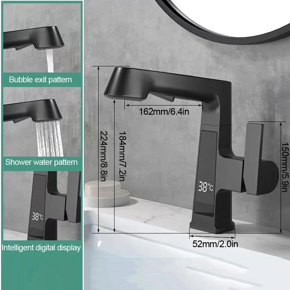 Faucet Dual-mode Lifting And Lowering Digital Temperature Display Faucet With° Rotation Single Handle Shower Water Spray