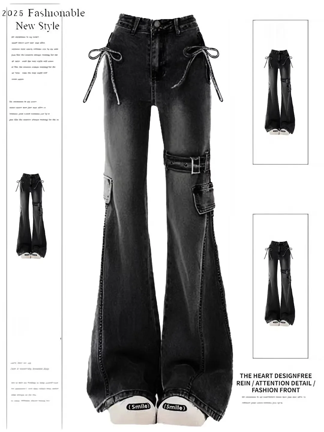 

Retro American High Waist Bell Bottom Jeans Women's Spring Summer Autumn New Style Slimming Knot Denim Pants