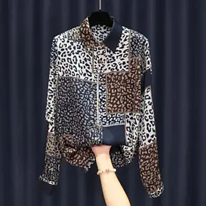 Camisa leopardo feminina estampada com botão de lapela, blusa coreana solta, que combina com tudo, roupas femininas, outono, nova, 2022