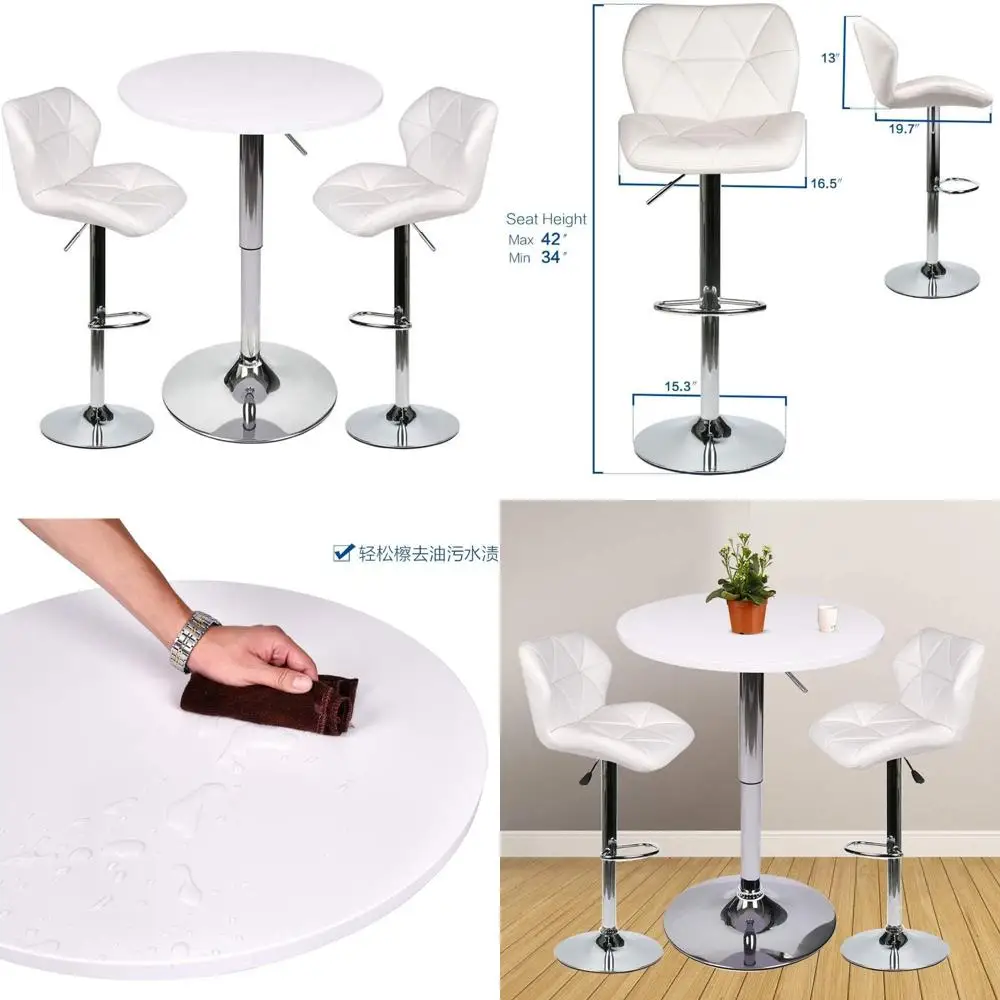 

White Adjustable Height Round Pub Table Set with 2 Swivel Bar Stools for Home Kitchen Bistro Dining