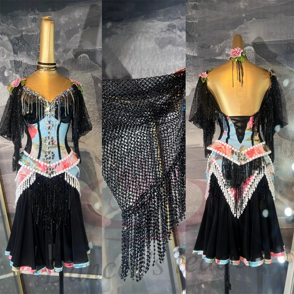 Latin Dance Adult Children'S Dress Rhinestone High-End Custom Black Patchwork Printed Tango Women'S Clothing