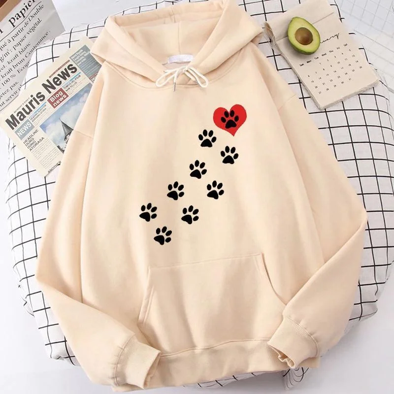 

New Women Men Hoodies Dog Paw Heart Printed Tops Casual Harajuku Sweatshirts Loose Pullover