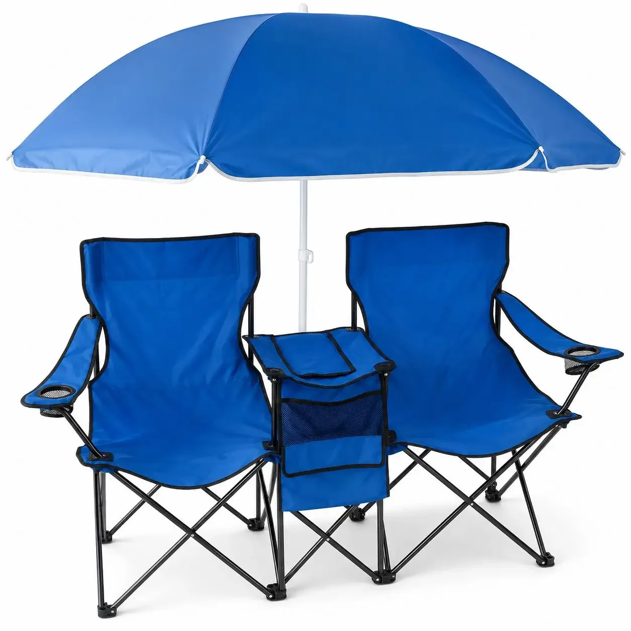 Portable 2-Person Folding Camping Chair Double Seat with Sunshade Canopy Insulated Cooler Bag Cup Holders Heavy Duty Steel Frame Travel Beach Picnic Fishing Chair for Outdoor Events Garden Patio Furniture