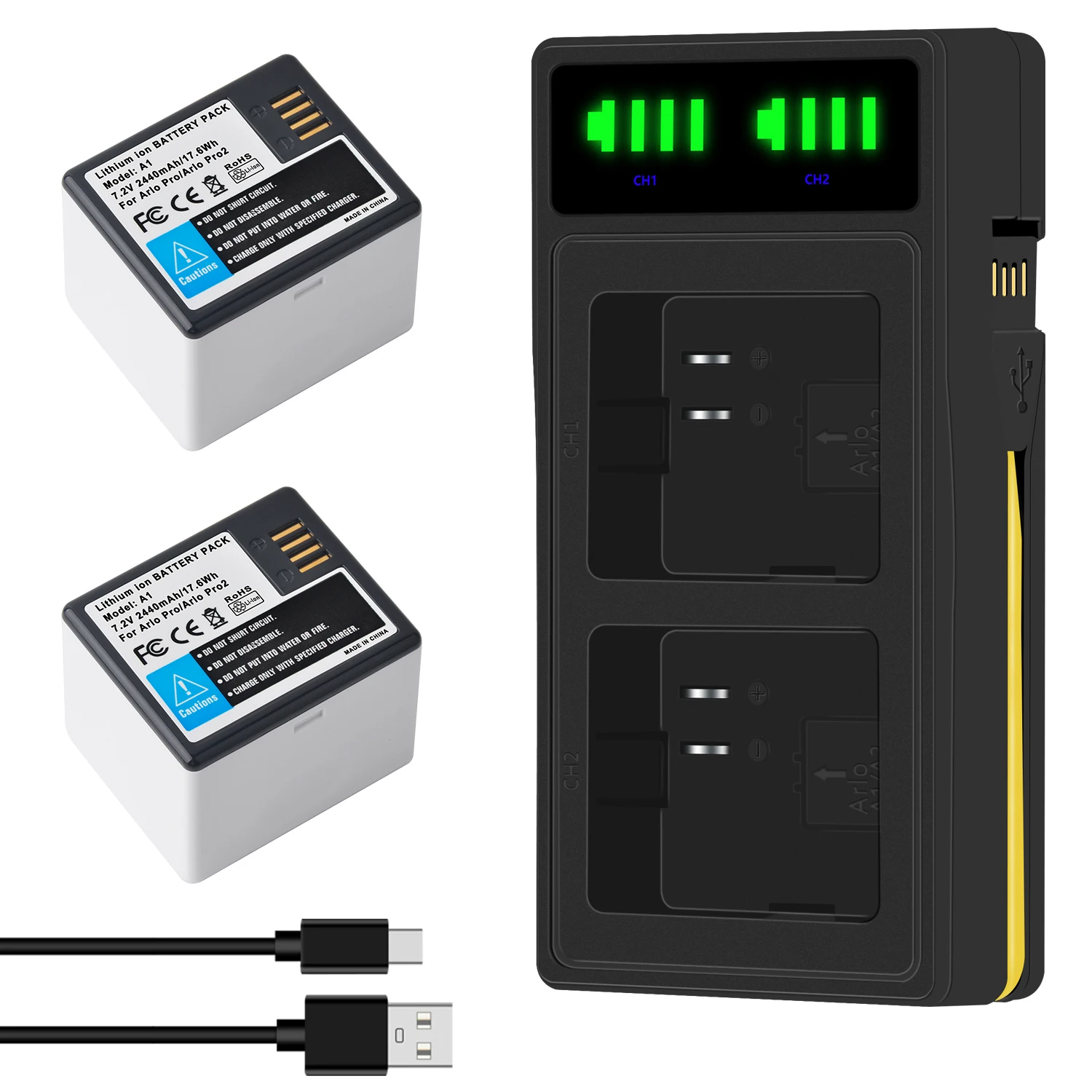 Massate 2440mAh Arlo Akku A1 Rechargeable Li-ion Battery +Fast Dual USB Charger Compatible with Arlo Pro/ Arlo Pro 2 Cameras