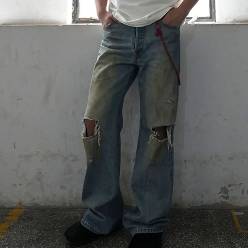 Wasteland Style Knife for Handcraft Ripped Worn Old Straight Mud Dyed Dirty Wash Jeans Casual Pants Trousers for Men