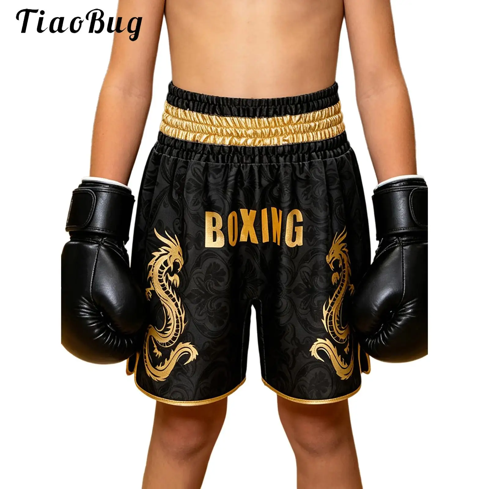 Kids Boxing Shorts Metallic Letter Dragon Printed Boxer Trunks Wide Elastic Waistband Kickboxing Martial Arts Training Bottoms