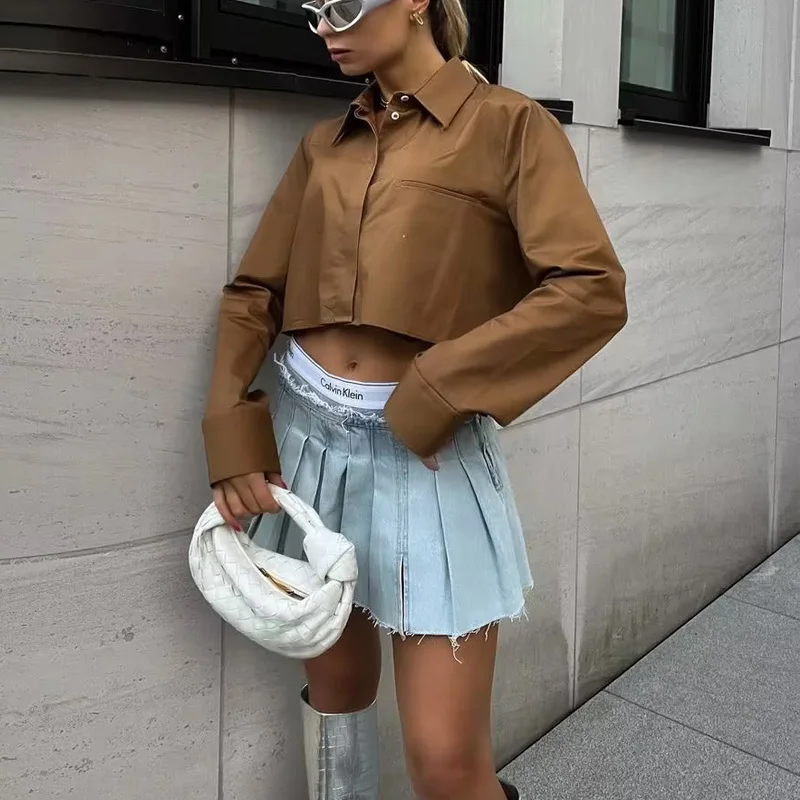 TRAF Cropped White Shirt Woman Pocket Button Up Shirt Women Long Sleeve Crop Top Female Spring Collared Shirts and Blouses Women