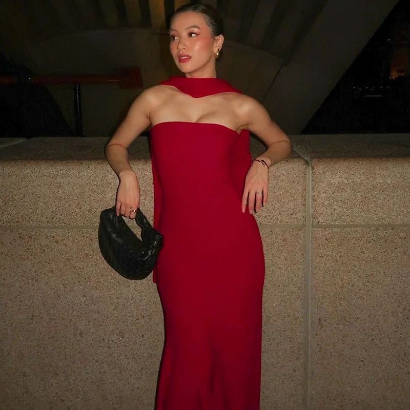 레드 슬림핏 머메이드 맥시 드레스 이브닝 프롬 가운 여성 오프숄더 백리스 롱 드레스 스카프 포함 우아한 바디콘 튜브 드레스