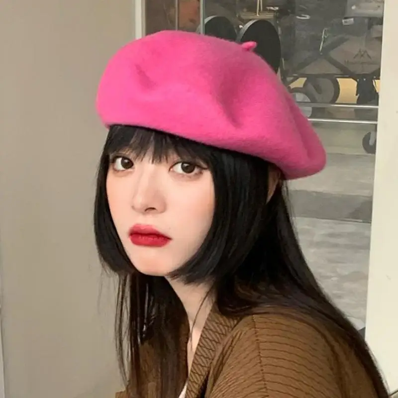 Wool Beret Hat For Women Autumn Winter Retro British Candy Colored Solid Soft Berets Flat Vintage Painter Cap Casual Keep Warm