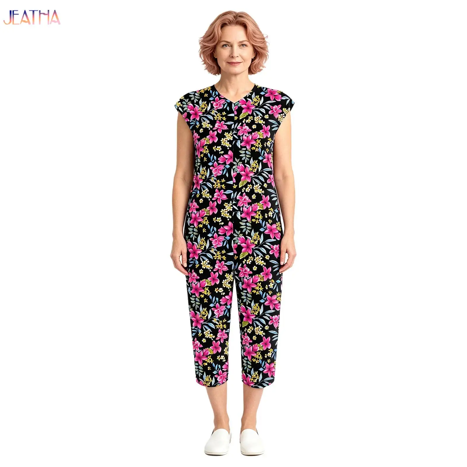 Women Adaptive Sleepwear Special Needs Clothes Soft Breathable Cotton V Neck Sleeveless Back Zipper Bodysuit for Seniors Home