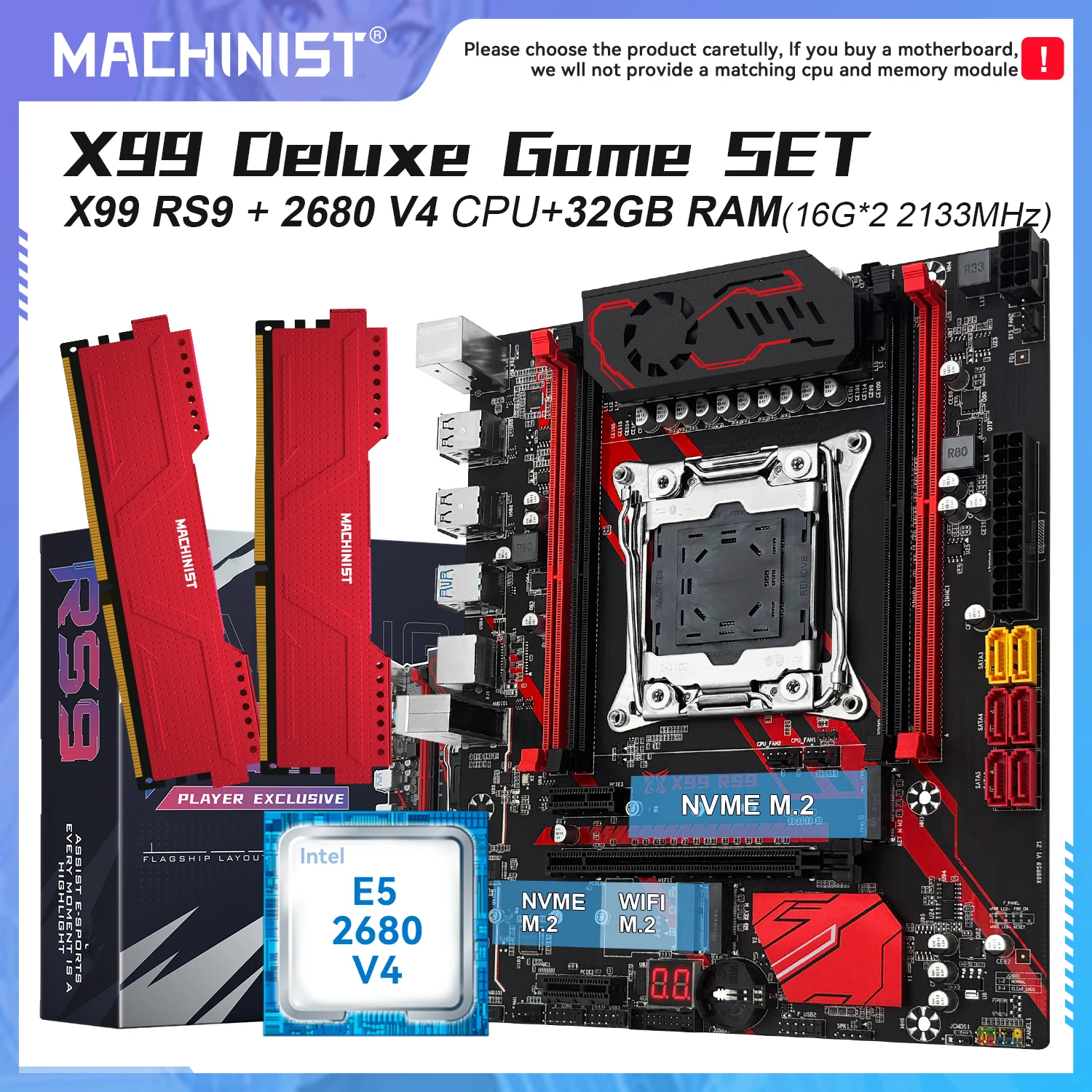 

Игровая материнская плата MACHINIST X99 Оптический комплект RS9 LGA2011-3 lntel Xeon E5 2680 V4 CPU и DDR4 32 ГБ (2*16 ГБ) Четырехканальный M.2 NVME