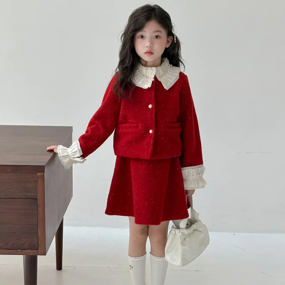 Winter Children Girl Clothes Set Cotton Padded Glitter Lace Collar Cuff Kid Girl Outerwear Solid Cotton 1-10Y Girls Skirt Outfit