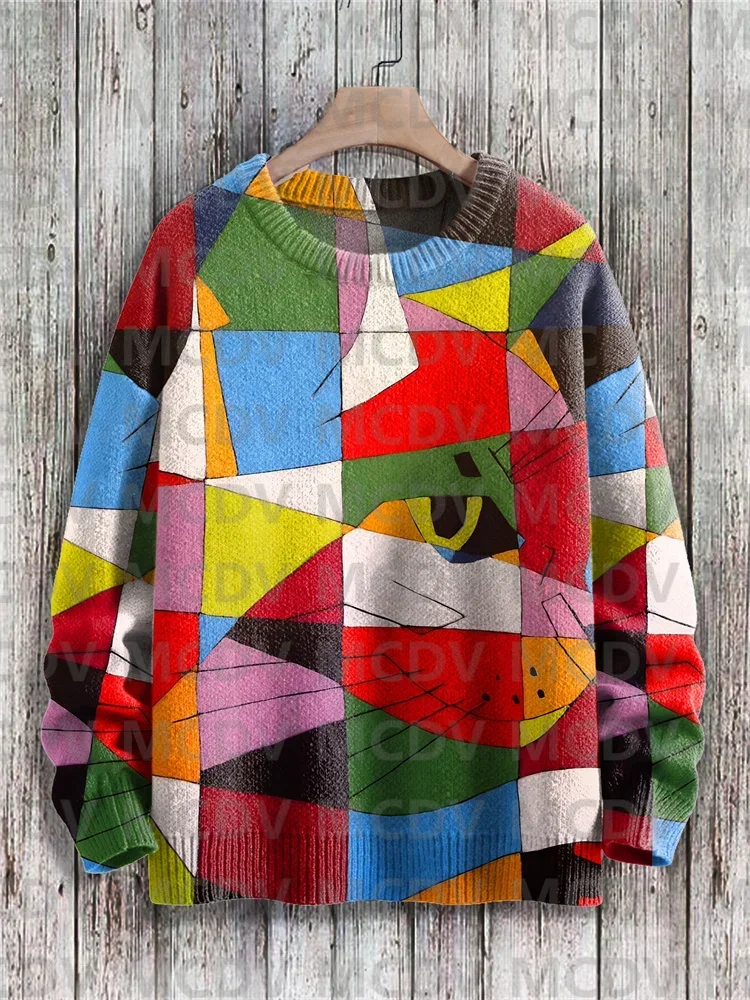 Multicolor Abstract Geometric Art Cat Print Knit Pullover Sweater Men's For Women's Pullover