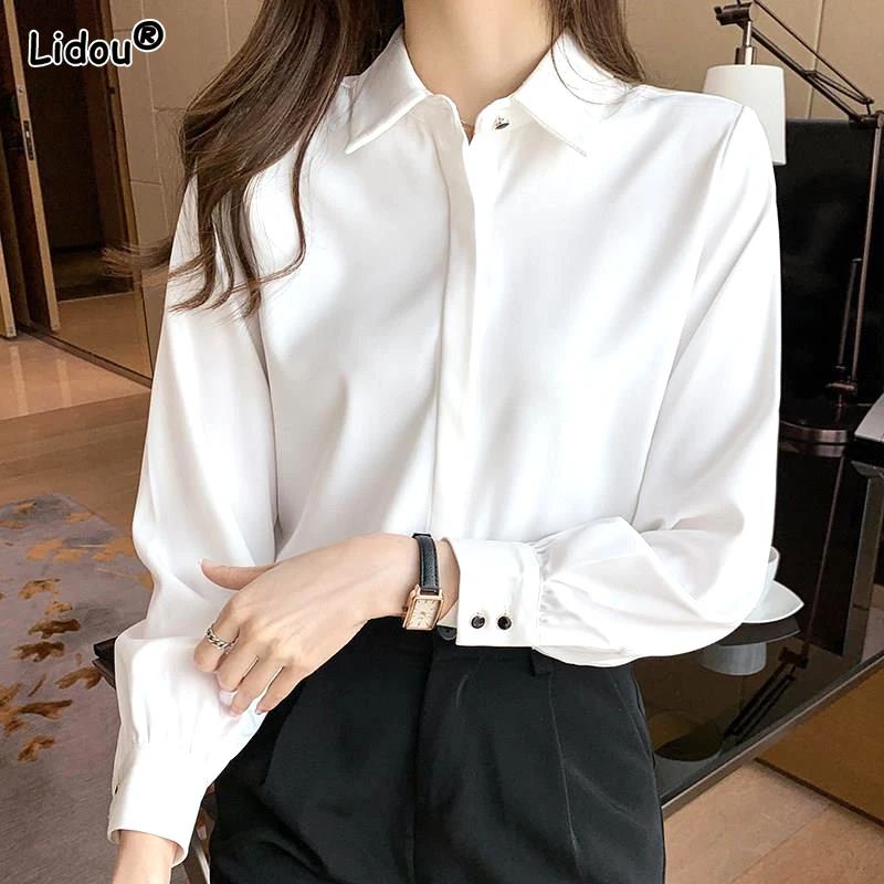 Solid Color Elegant Casual Long Sleeved Shirts Fashion New Slim Comfortable Turn-down Collar Top Women\'s Clothing 2023