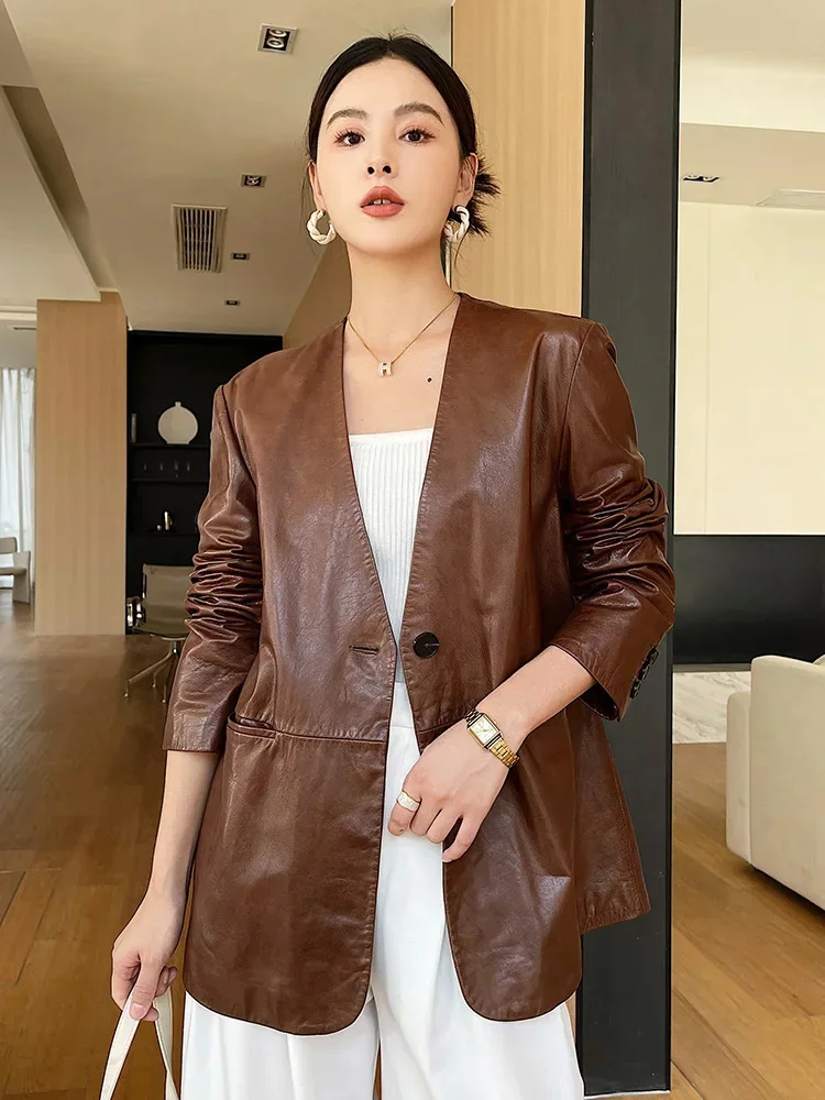 Elegant V-neck Cowhide Coat for Women Spring Autumn 2024 Trend High-end Vintage Single Button Genuine Leather Jacket