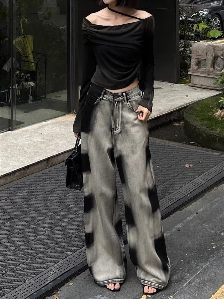 

Cool Girl Chic Casual Pants Female Loose Straight High Waist Denim Trousers Women's Black Gray Gradient Tie Dye Wide Leg Jeans