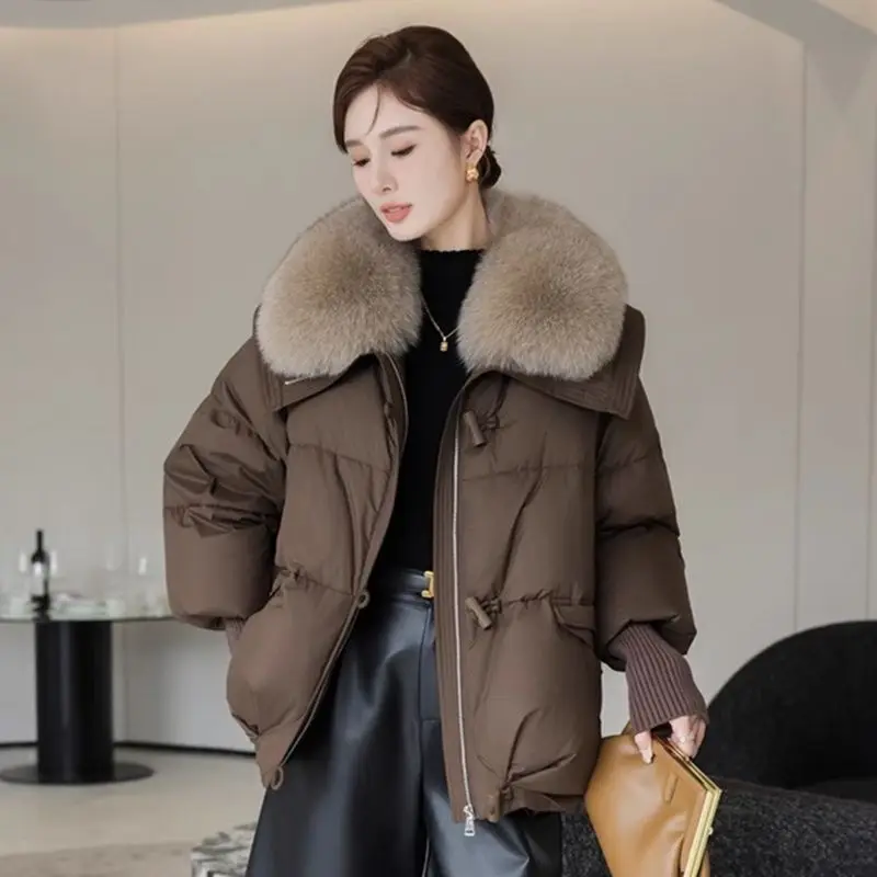 Winter Solid Color Turn-down Collar Long Sleeve Fashion Parkas Women High Street Loose Zipper Patchwork Button Thick Warm Coat