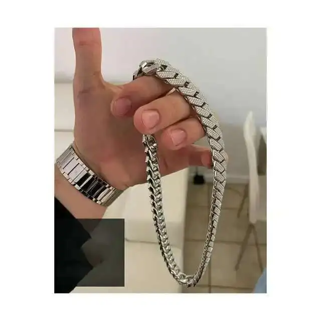 

18mm Miami Cuban Link Chain Vvs Moissanite Diamond Stubbed 925 Sterling Silver White Gold Plated 18-24