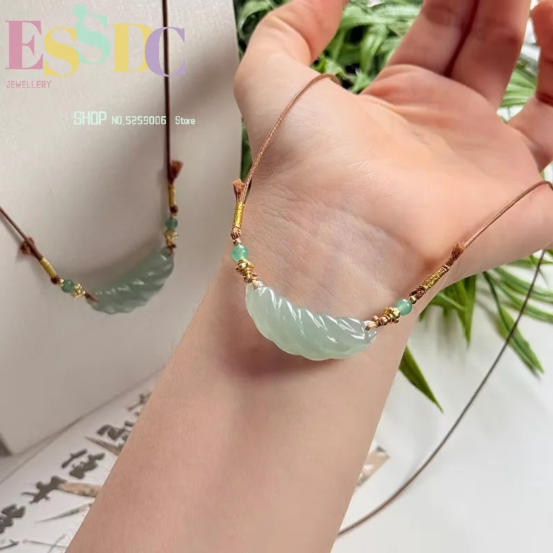 Natural Hetian jade twisted tube necklace, handmade woven leather cord sweater chain, traditional Chinese style jewelry