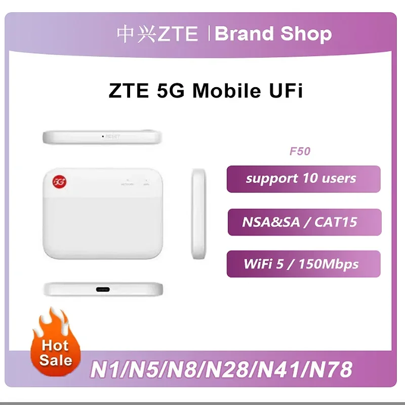 Original ZTE F50 5G Pocket WIFI Router 2024 ใหม่ Repeater Sub-6 SA/NSA Hotspot กลางแจ้ง DL1.6 กิกะไบต์/วินาที UL 225 เมกะไบต์/วินาที WiFi ซิมการ์ดโมเด็ม