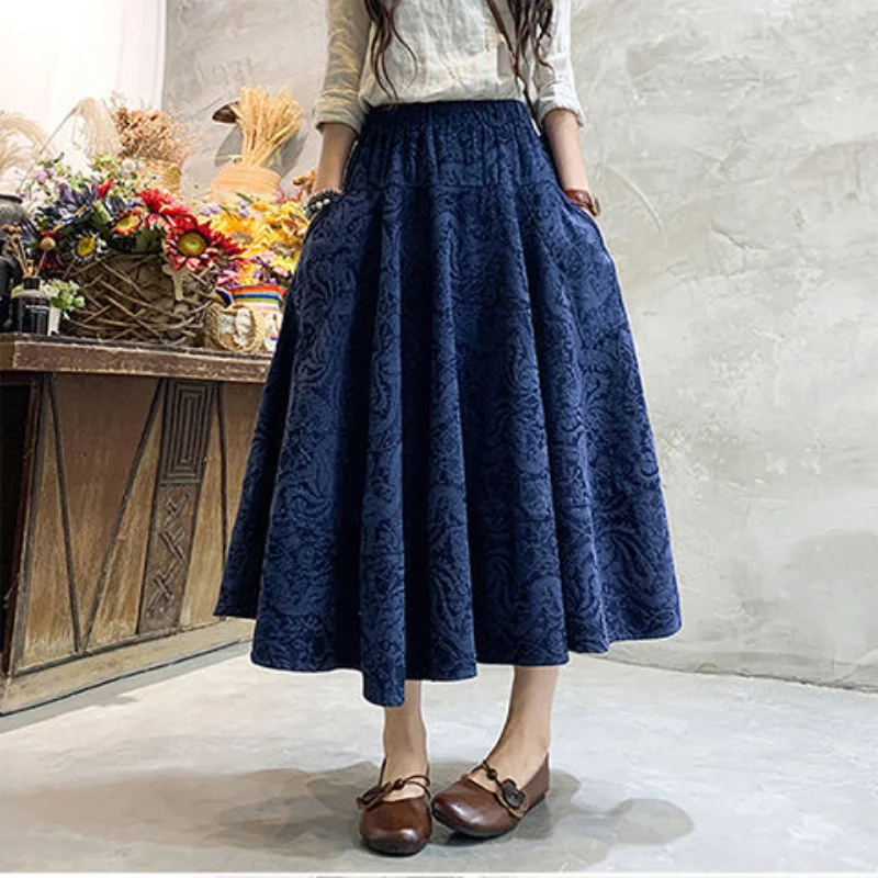 

Spring and Autumn New Cotton and Hemp Ethnic Style Jacquard Ancient Style Half Length Skirt All Match Elastic Solid Color Skirt