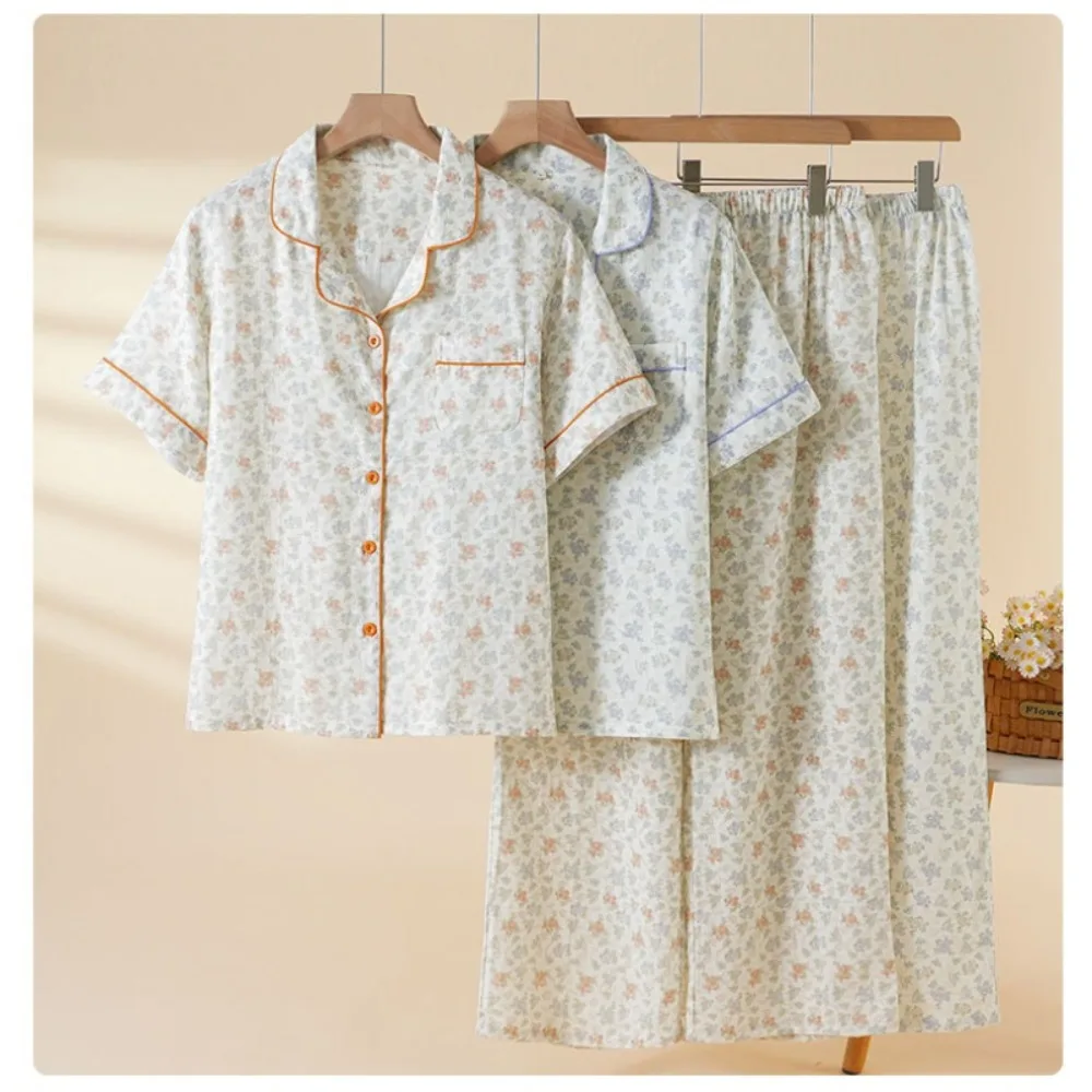 

100% Cotton Pajamas Summer Wear Short Sleeve Lapel Button Top 2pcs Pyjama Set Floral Loungewear Sleepwear Women's Home Clothes