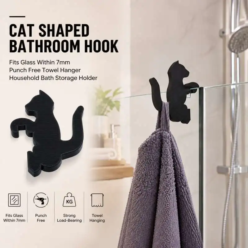 Cat Shaped Bathroom Hook Fits Glass Within 7mm Punch Free Towel Hanger Household Bath Storage Holder