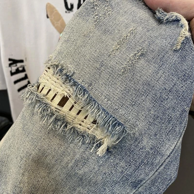 Celana Jeans Pendek Longgar Robek Biru Muda untuk Pria Celana Pendek Denim Pria Setengah Kancing Celana Pendek Populer Harajuku Pakaian Jalanan Xl Tertekan