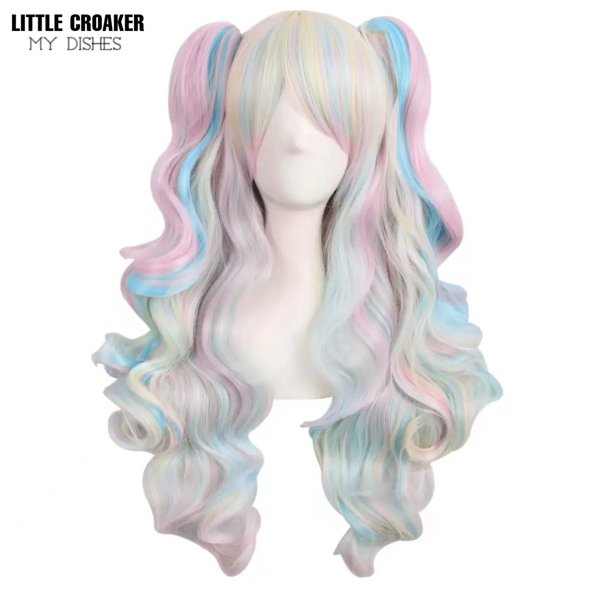 Lange Wellenförmige Anime Cosplay Lolita Perücke Blau Blonde Rosa Ombre Zwei Pferdeschwänzen Mädchen Kawaii Anime Zubehör Perücken für Frauen