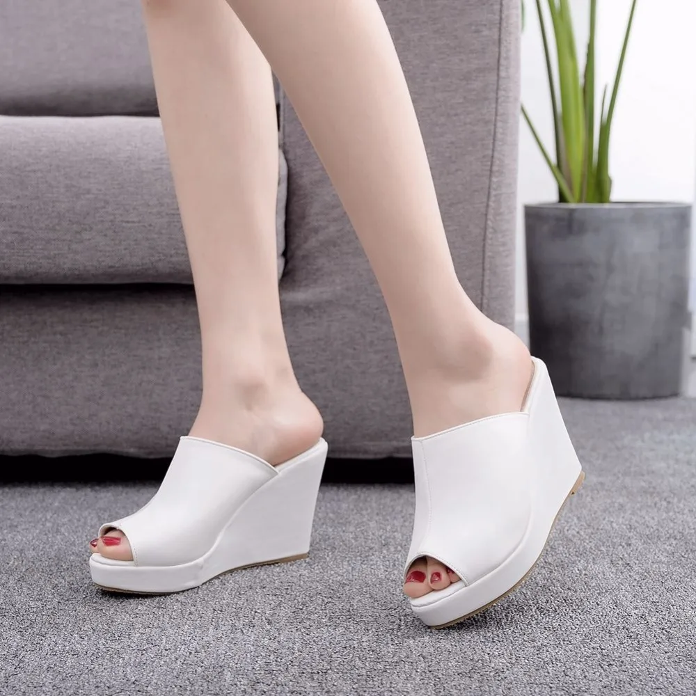 Crystal Queen Black White Peep Toe Platform Wedges High Heels Slippers Beach Sandals For Women Shoes