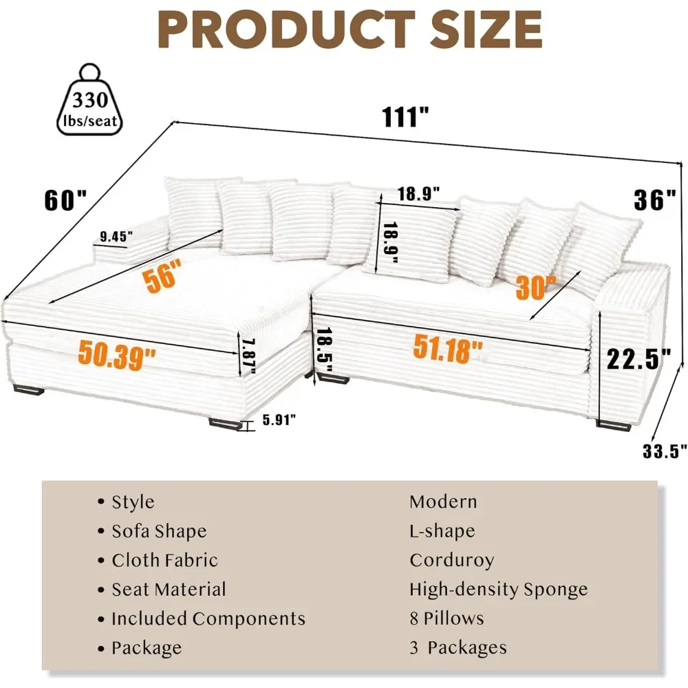 111'' Sectional Sofa, L-Shaped Corduroy Couch with Left Chaise Daybed, Extra-Wide Oversized Lounge, 8 Pillows, Corner Sofa Set