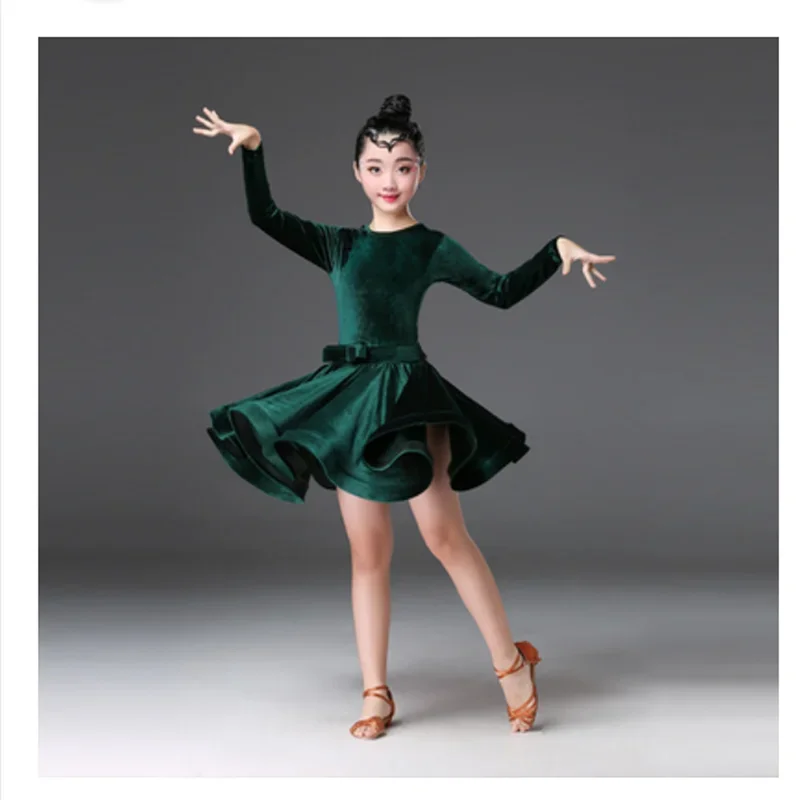 Kids Velvet Latin Dance Dress For Girls Child Competition Ballroom Tango Salsa Dancewear Practice Dancing Wear Cha Cha