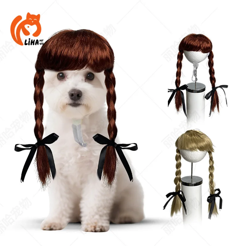 Pet Bangs High Crown Bow Double Braid Wig Headwear for Dogs Cats Puppies Kittens Party Festival Hair Accessory Парик Косплей