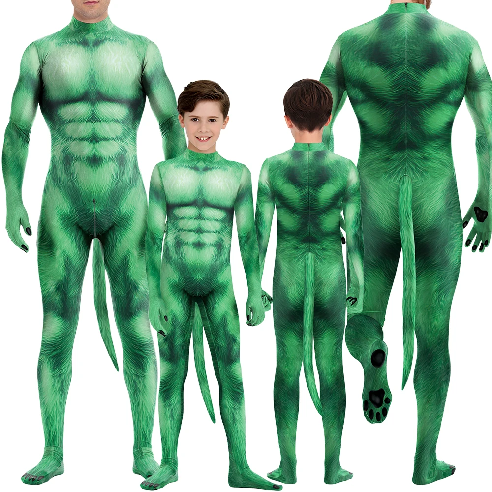 

Cosplay Animal Costume Green Printed Bodysuit with Tail Pet Suit Long Sleeve Jumpsuit Halloween Party Funny Parent Child Costume