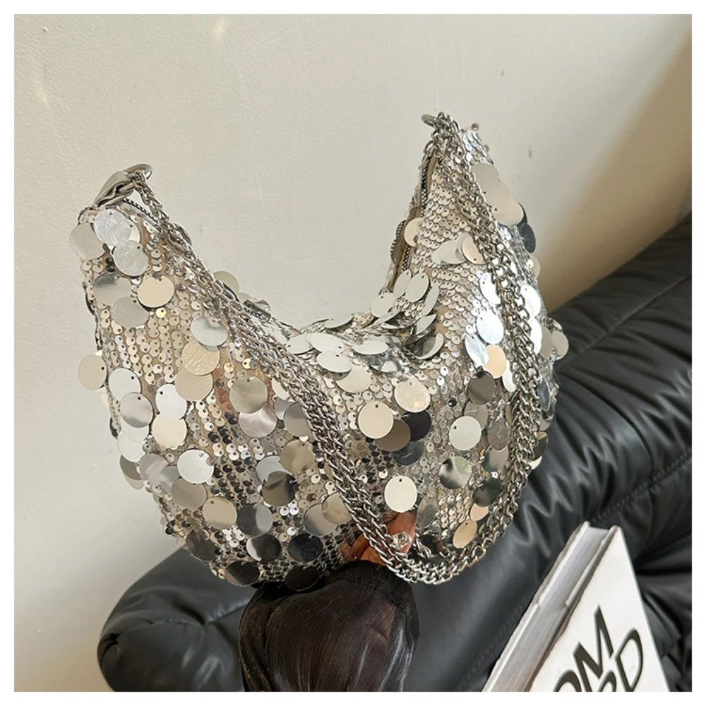 Half-Moon Handbag Fashionable Shiny Sequined Dumpling Bag Versatile Chain Armpit Bag Women'S Trendy Evening Shoulder Bag