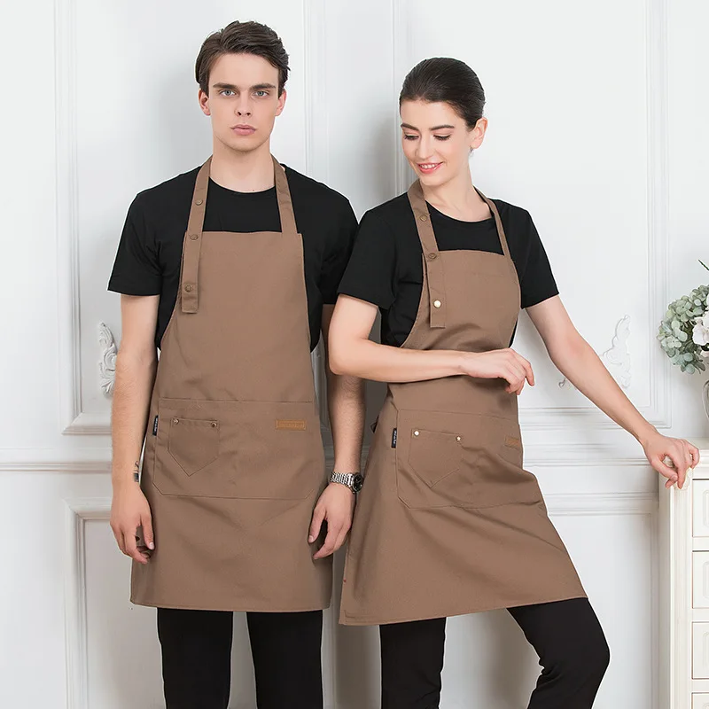 Benutzer definierte Stickerei Druck Marke Logo schwarz Unisex Kellner Kochen Restaurant Tasche verstellbare hängende Hals Männer Schürze für Frau