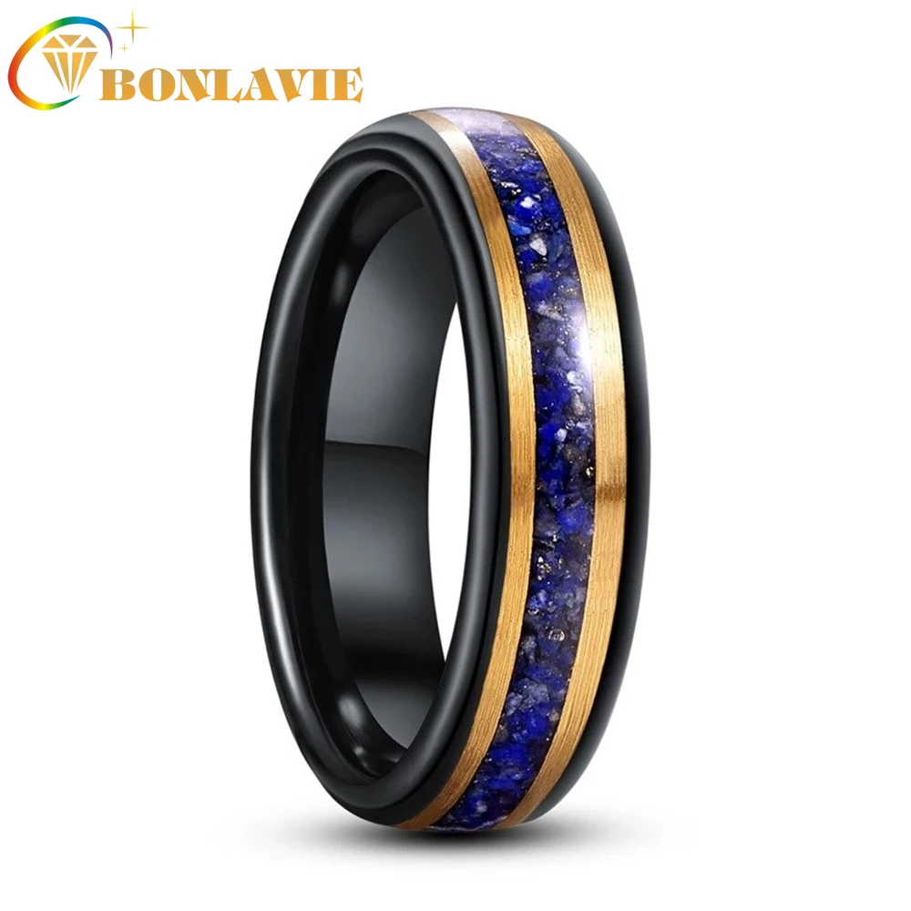 

BONLAVIE 6mm Black Gold Color Inlaid Lapis Lazuli Inoxidizable Wedding Rings For Men Tungsten Carbide Ring Good Quality