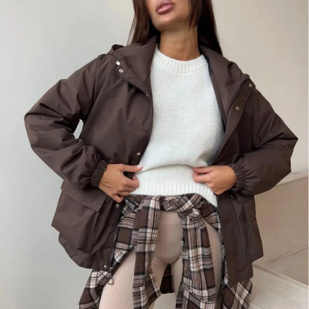 Brown Autumn Winter Coat For Women Long Sleeves Hooded Windbreaker Elastic Waist Slim New Collection 2026 Outdoor Hiking Jackets