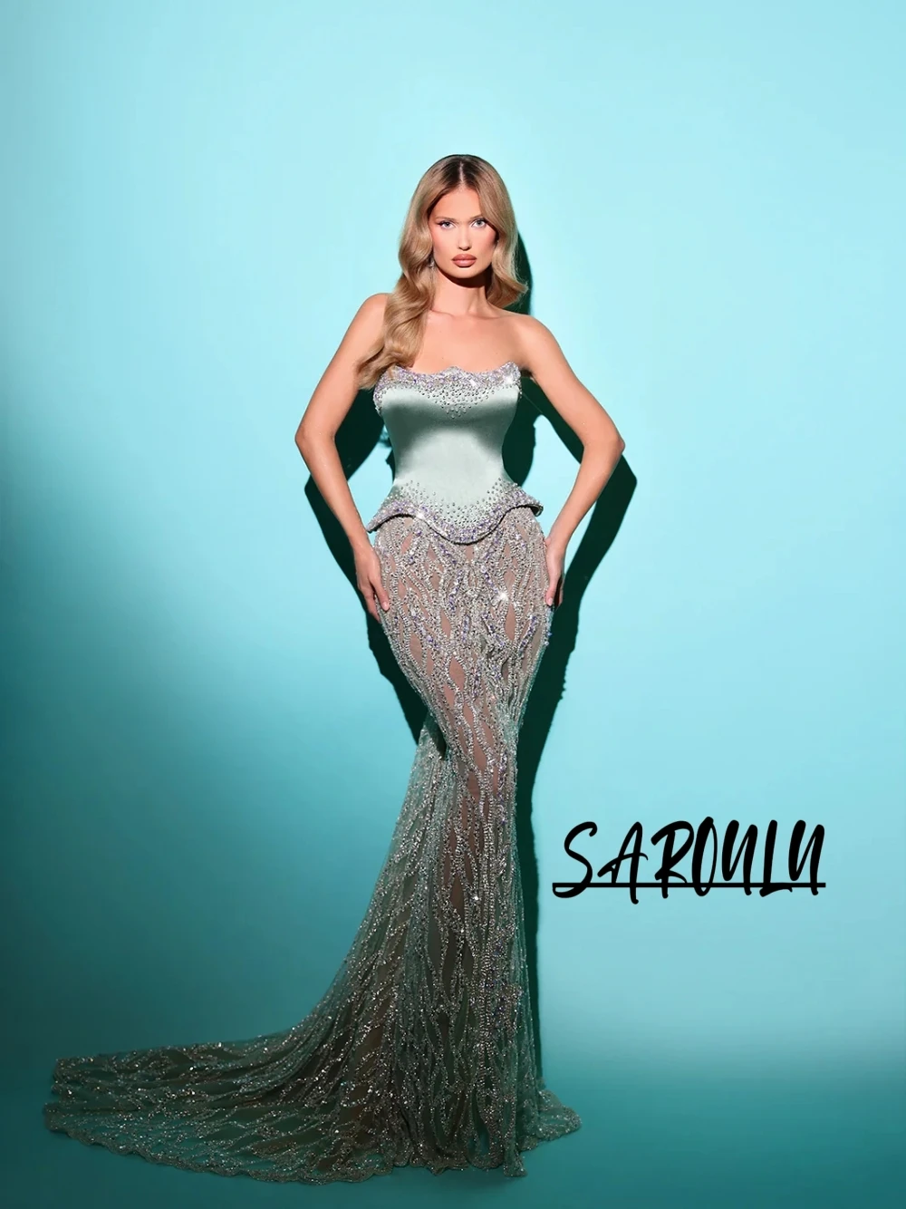 

Sage Sparkly Mermaid Evening Dress Dramatic Corset Strapless Customized Cocktail Gown Beaded Dainty Crystals Prom Wear