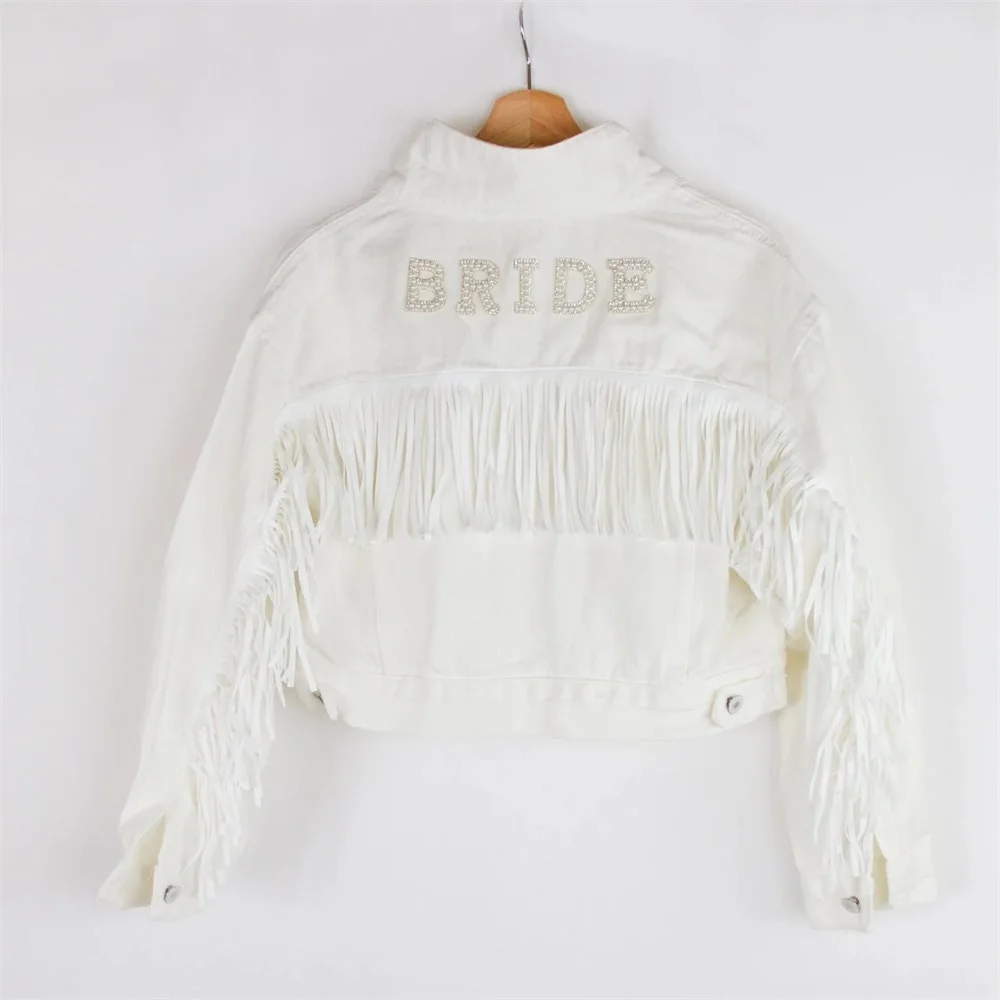 White Fringe BRIDE Patch Jean Jacket, Iron On Bride Patch Denim Jacket, Bride Iron On Denim Letters Bridal Denim Jacket, Bride J