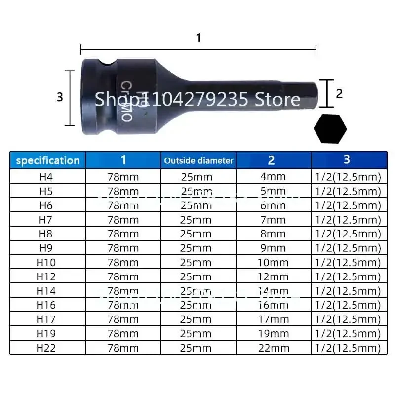 1/2 Inch Impact Hex Socket Bit 78mm Long H4-H14 Allen Key Wrench Head For Power Tool Hexagon Screwdriver Bits