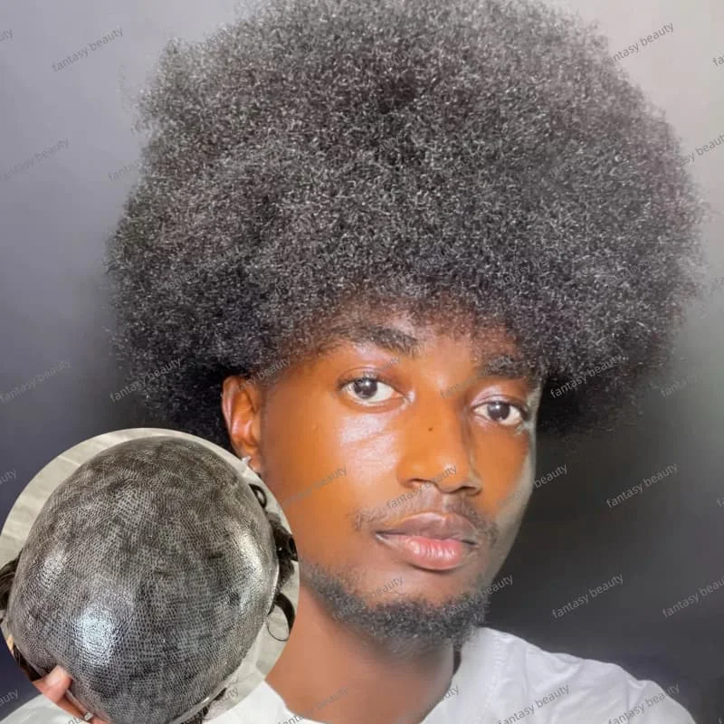 #1b#1b40#1b50 Grey Mix Black Men's African American Wig 4mm Afro Tight Curly Full Pu 100%Indian Human Man Hair Toupee Prosthesis