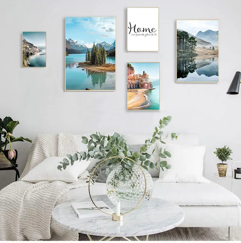 Mountain Lake Reflection Picture Nature Scandinavian  Nordic Decoration Coastline Cityscape Print Wall Art Canvas Painting